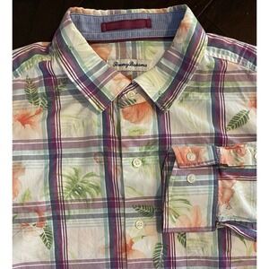 Tommy Bahama Button Down Shirt Mens LT Purple Green Plaid Tropical Floral Silk